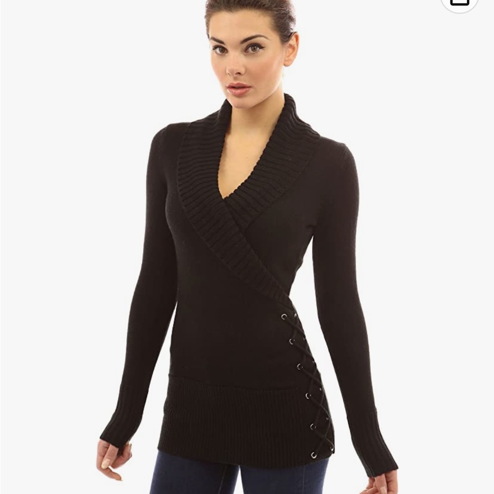 PattyBoutik Sweater Womens S Black Shawl Neck Lace Up Sweater EXCELLENT cond!